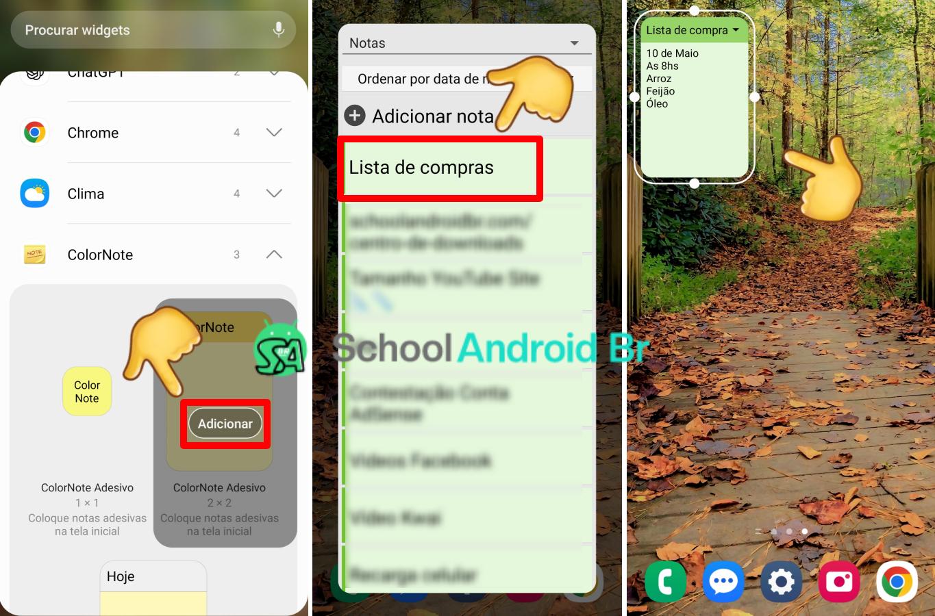 Como criar lembretes na tela do celular Android: Guia - School Android Br Selecionando nota pelo Widgets em celular Android