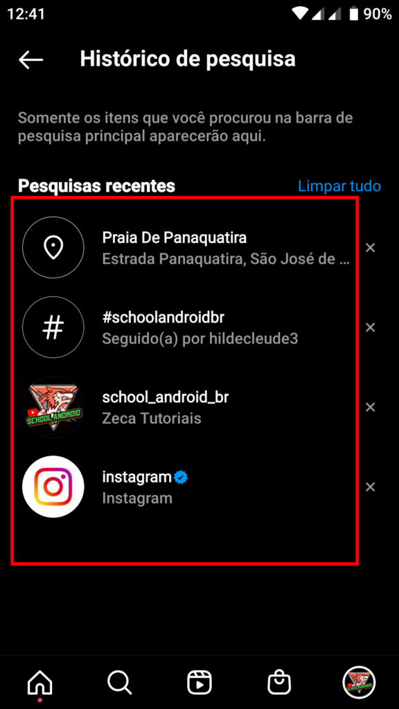 Instagram como limpar histórico de pesquisa