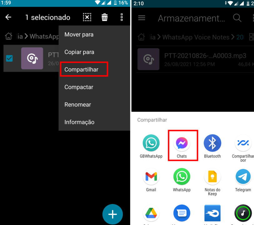 Como compartilhar áudio do whatsapp com o messenger