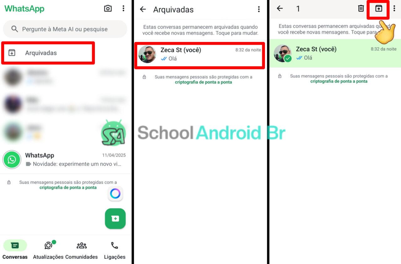 Acessando conversa arquivar no WhatsApp e desarquivando