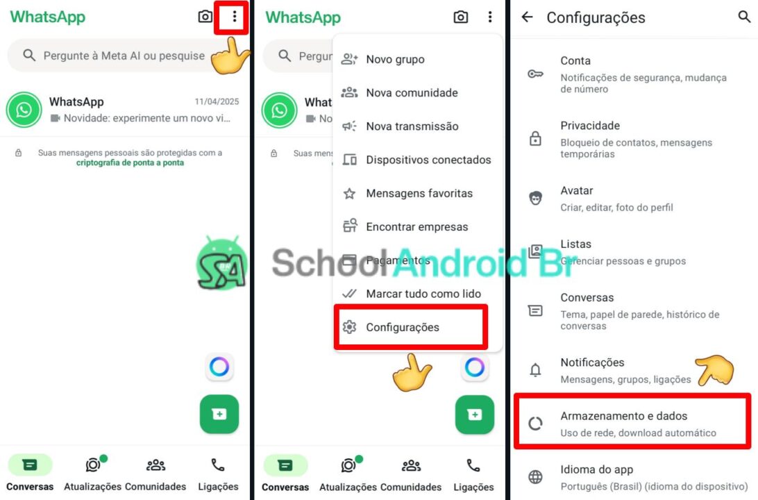 WhatsApp configurações armazenamento e dados