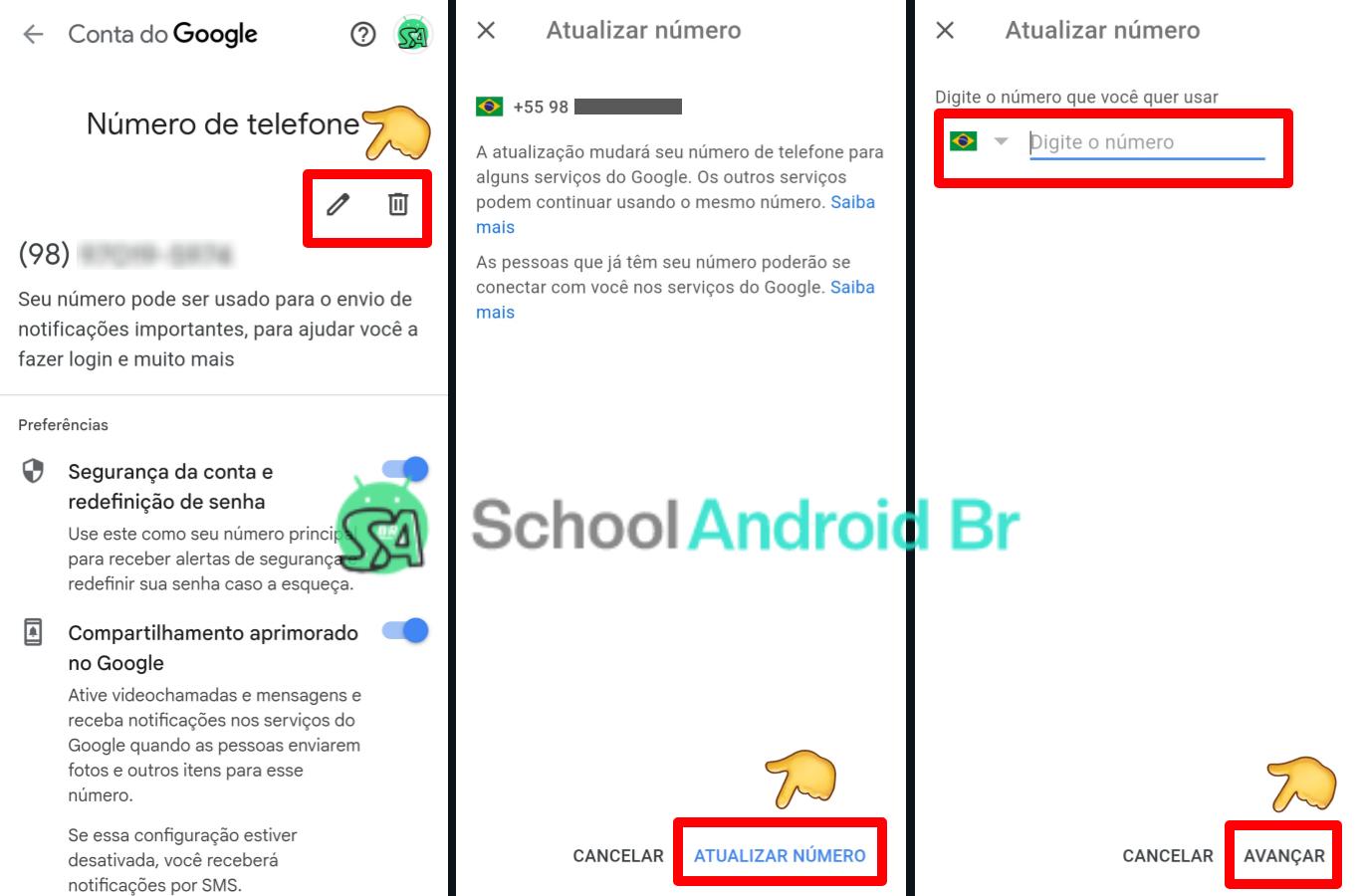 Como atualizar ou remover número de telefone da conta Google - School Android Br Atualizar ou remover número do celular da Conta Google