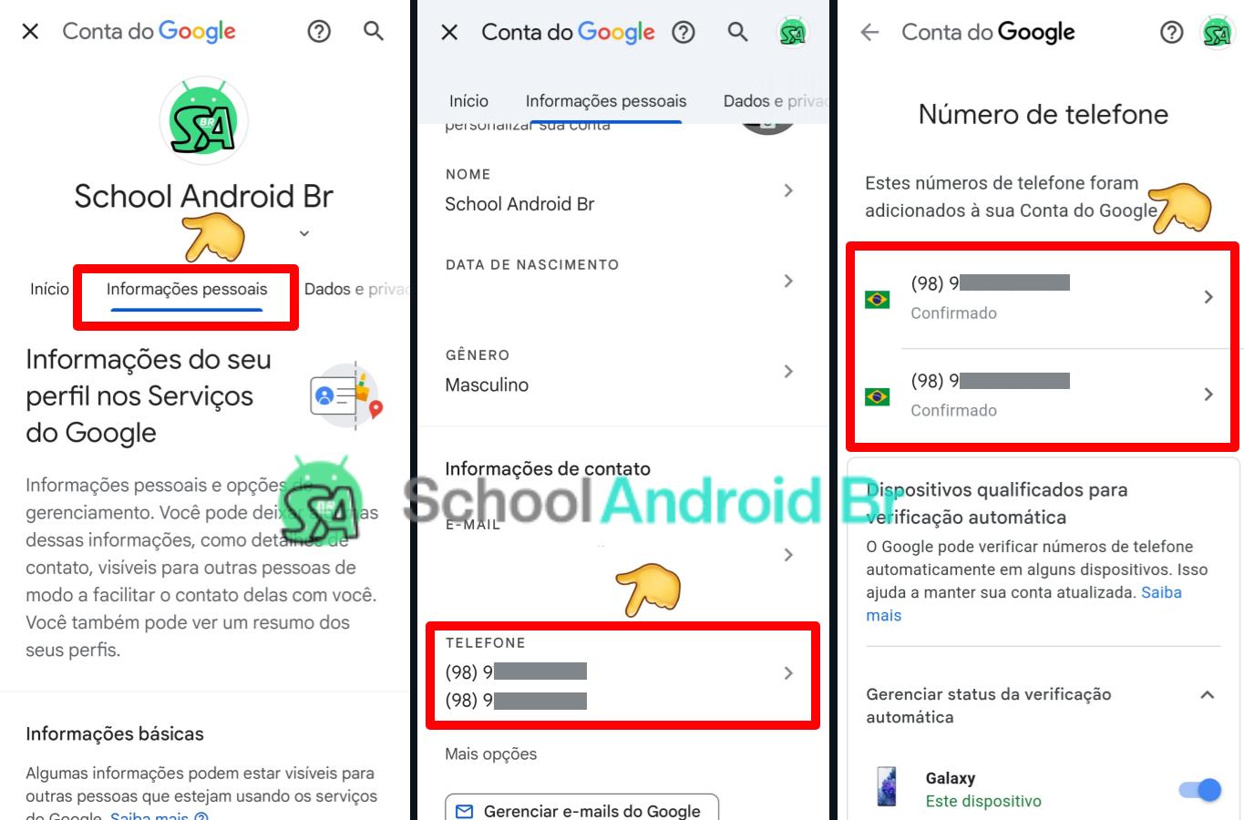 Como atualizar ou remover número de telefone da conta Google - School Android Br Gerenciando Conta Google informações