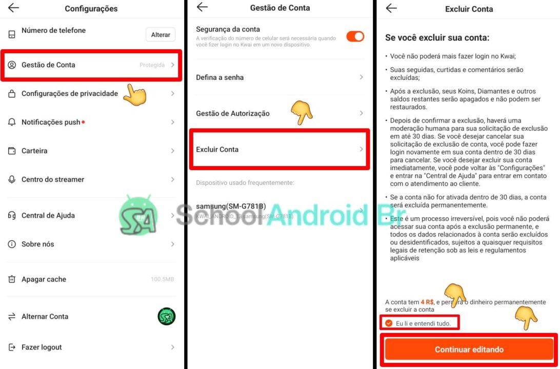 Menu de configurações do Kwai gestão de conta