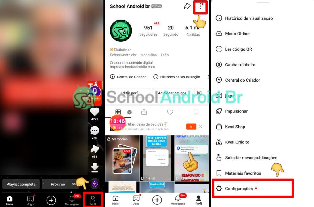 Menu de configurações do Kwai