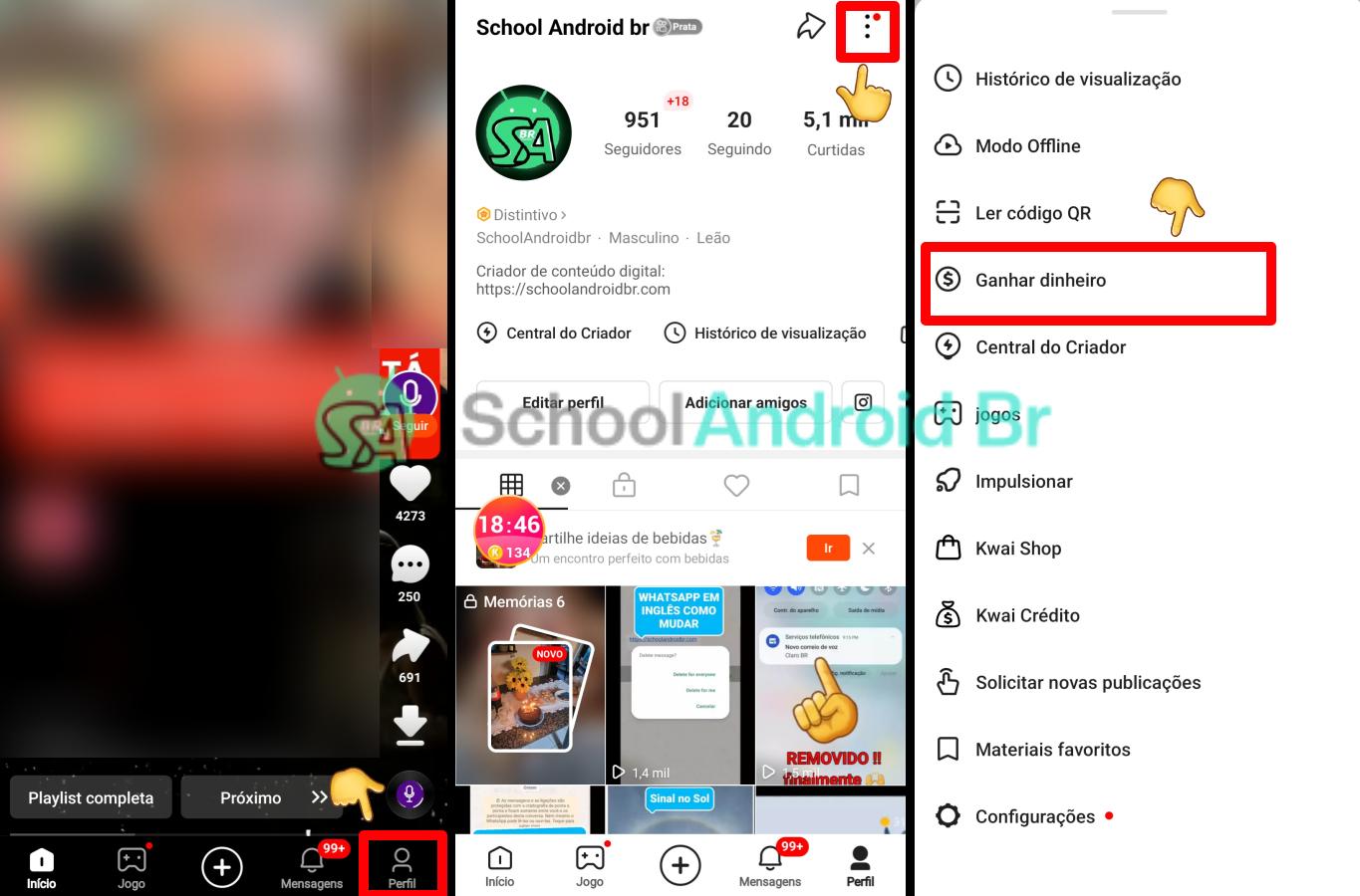 Como fazer recarga de celular com o saldo do Kwai - School Android Br Kwai perfil menu de configurações