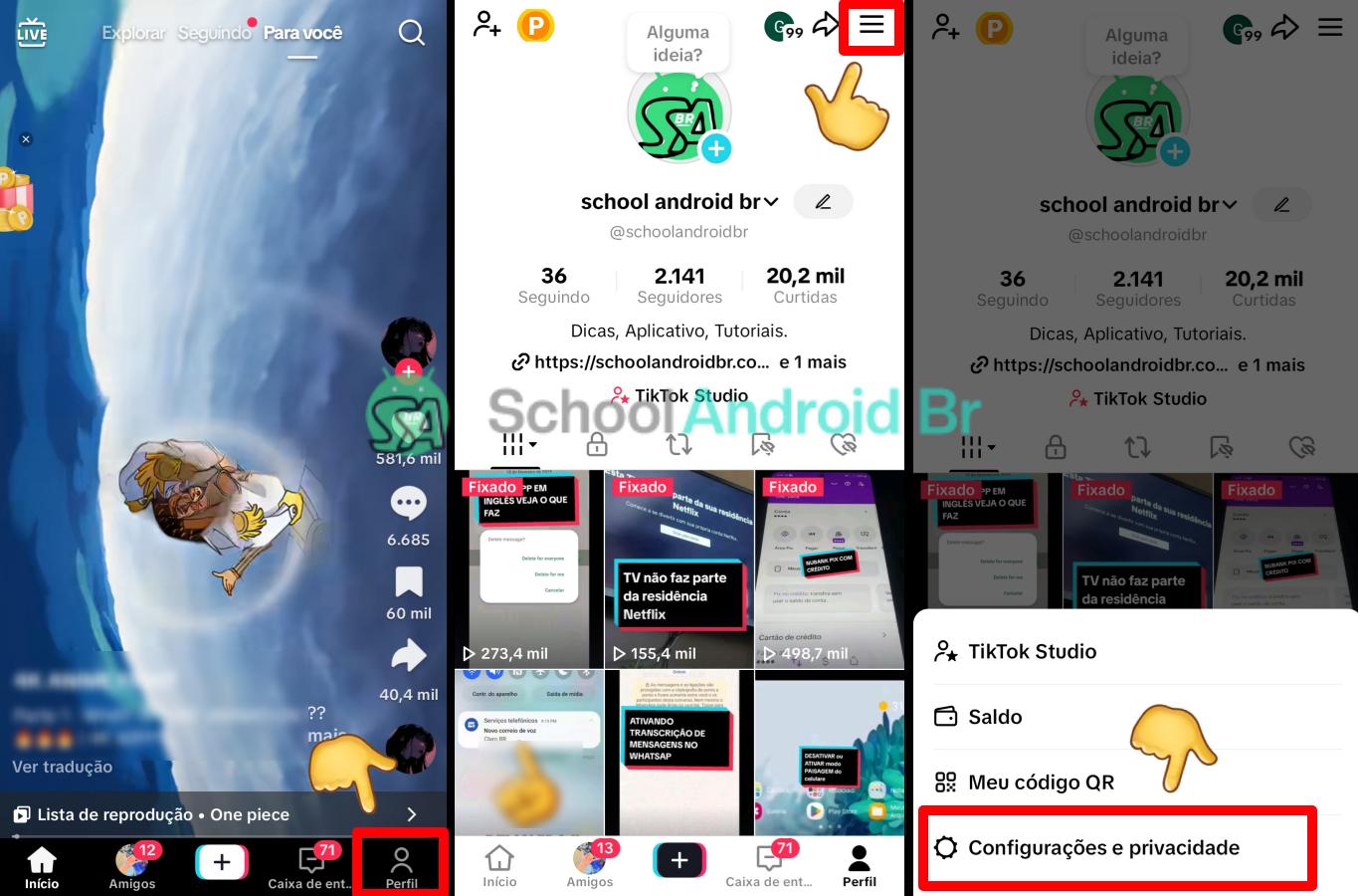 Como limpar o cache do TikTok e liberar espaço - School Android Br Tiktok acessando perfil menu de configurações e privacidade