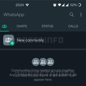 Tela inicial do whatsapp mostrando aba comunidades