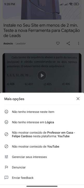 Google Discover agora permite bloquear canais específicos do YouTube