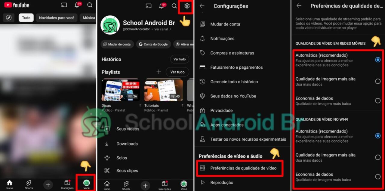 Ajustar a qualidade de vídeos do YouTube pelas configurações