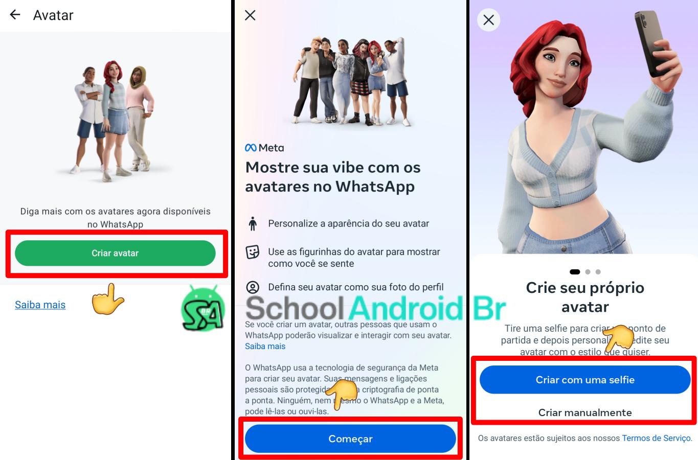 Como criar e usar avatares no WhatsApp passo a passo - School Android Br WhatsApp configurações avatar criar avatar