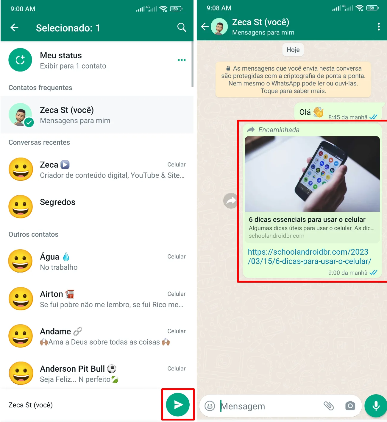 como encaminhar mensagem para si mesmo no WhatsApp