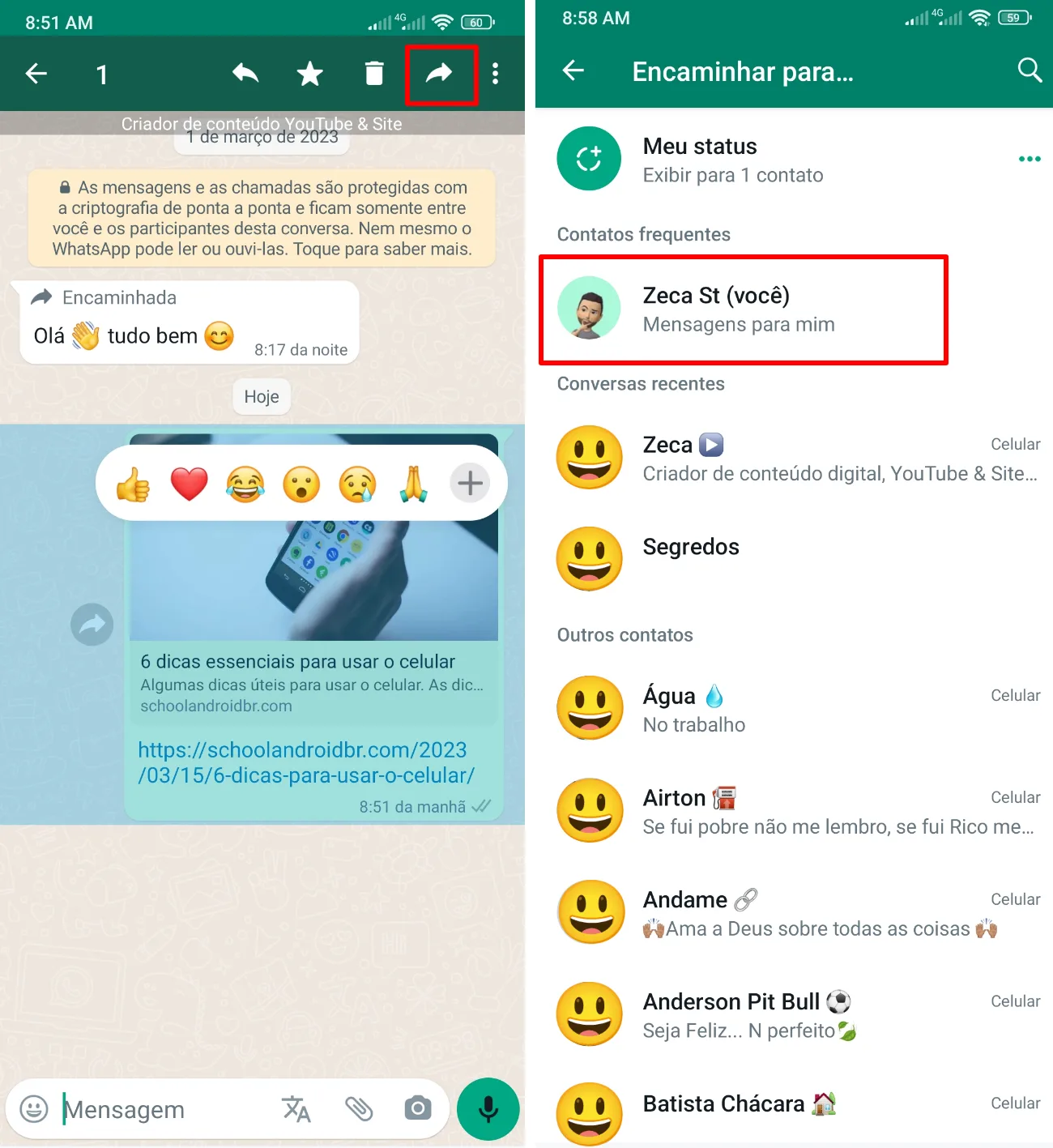 como encaminhar mensagem para si mesmo no WhatsApp