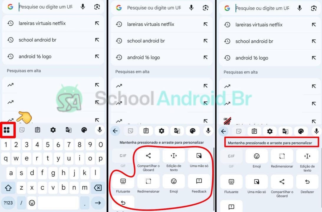 como reorganizar os blocos do Gboard