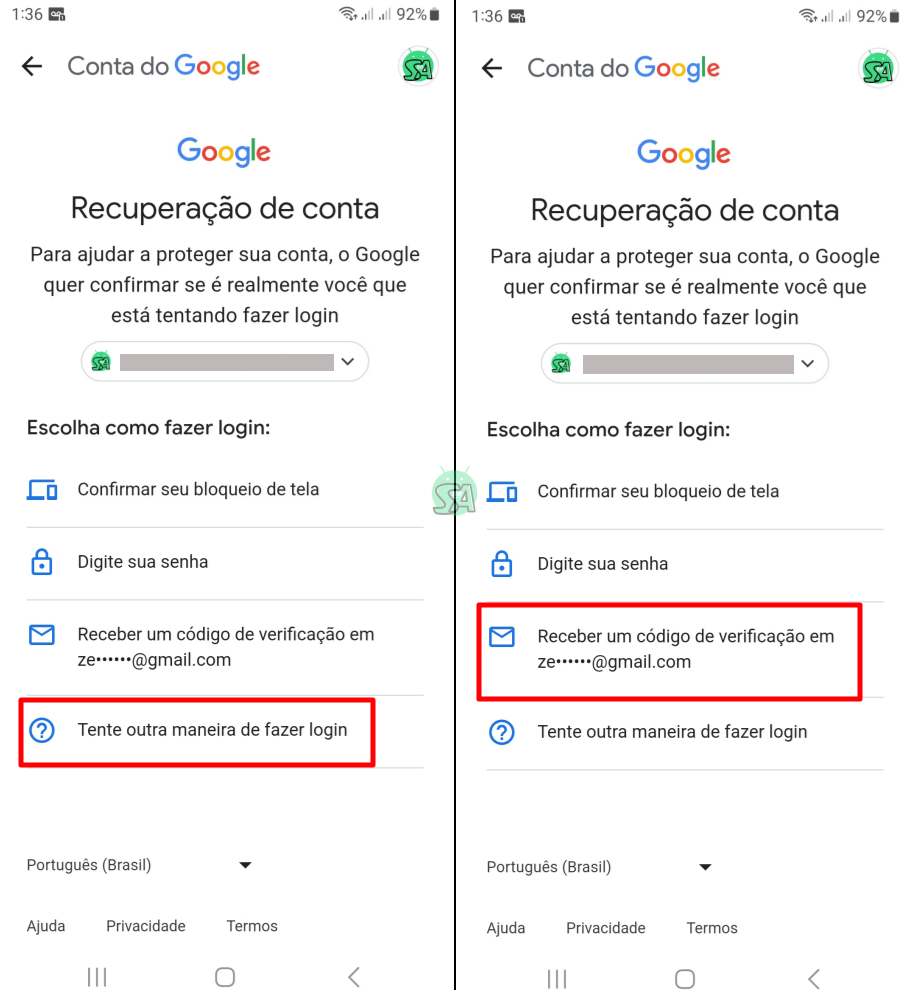 recuperar senha gmail celular android