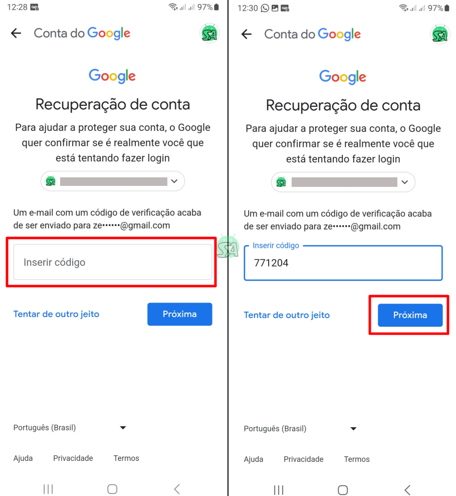 recuperar senha gmail celular android