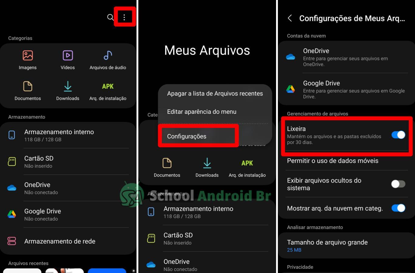 lixeira do celular no gerenciador de arquivos