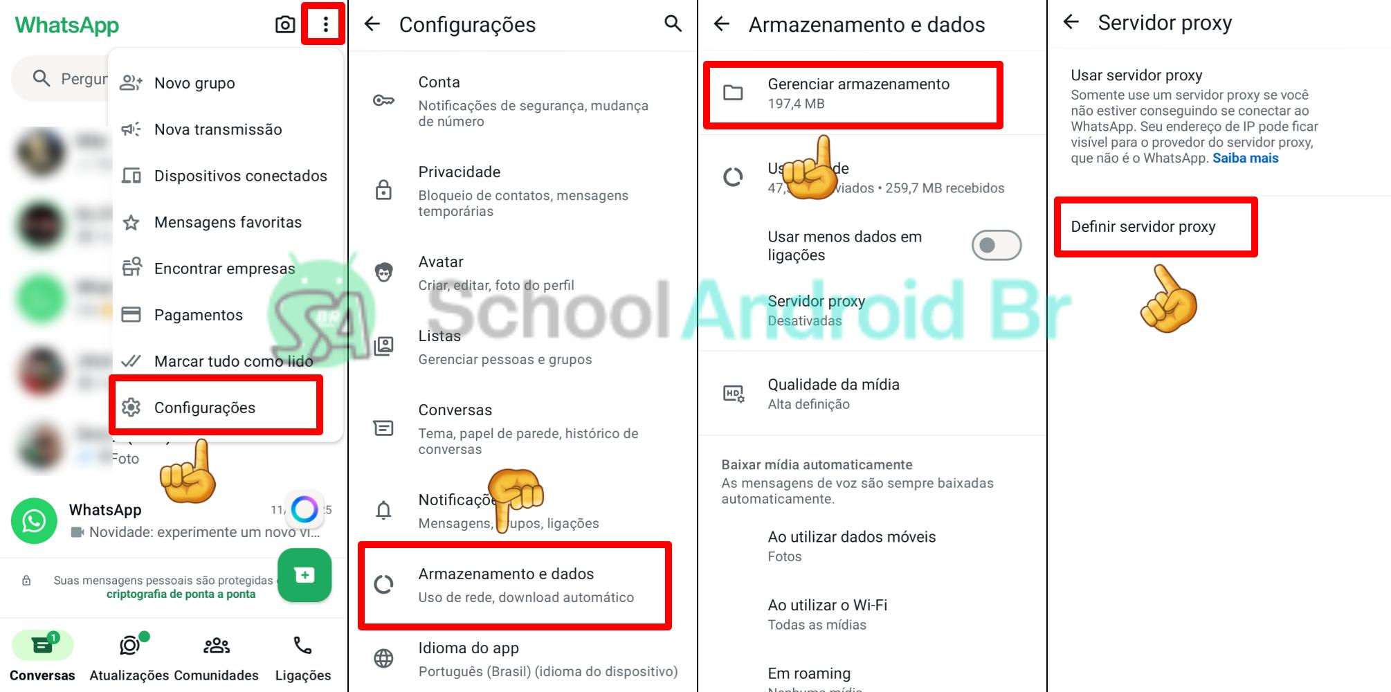4 Novos recursos do WhatsApp que você tem que conhecer - School Android Br Whatsapp configuração armazenamento e dados servidor proxy definir proxy no Android