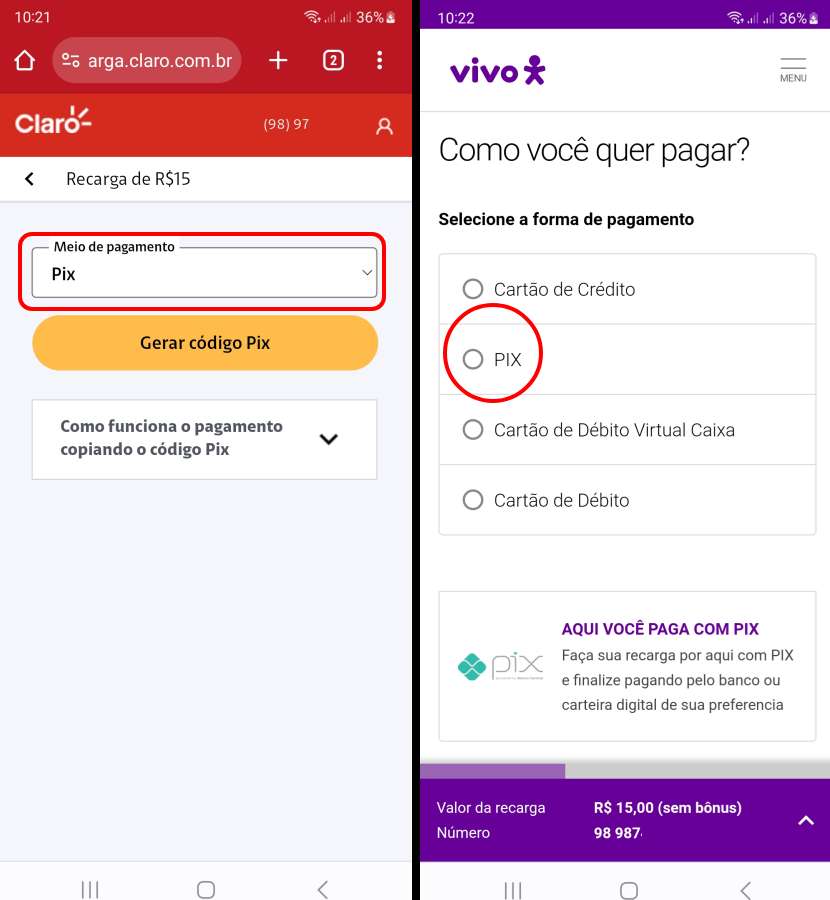Como fazer recarga de celular no Pix