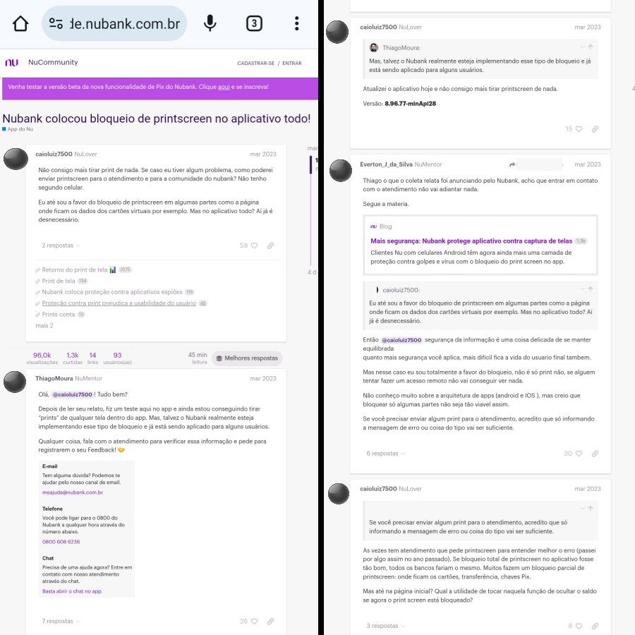 relatos clientes feito na página do nubank sobre bloqueio de print no aplicativo nubank