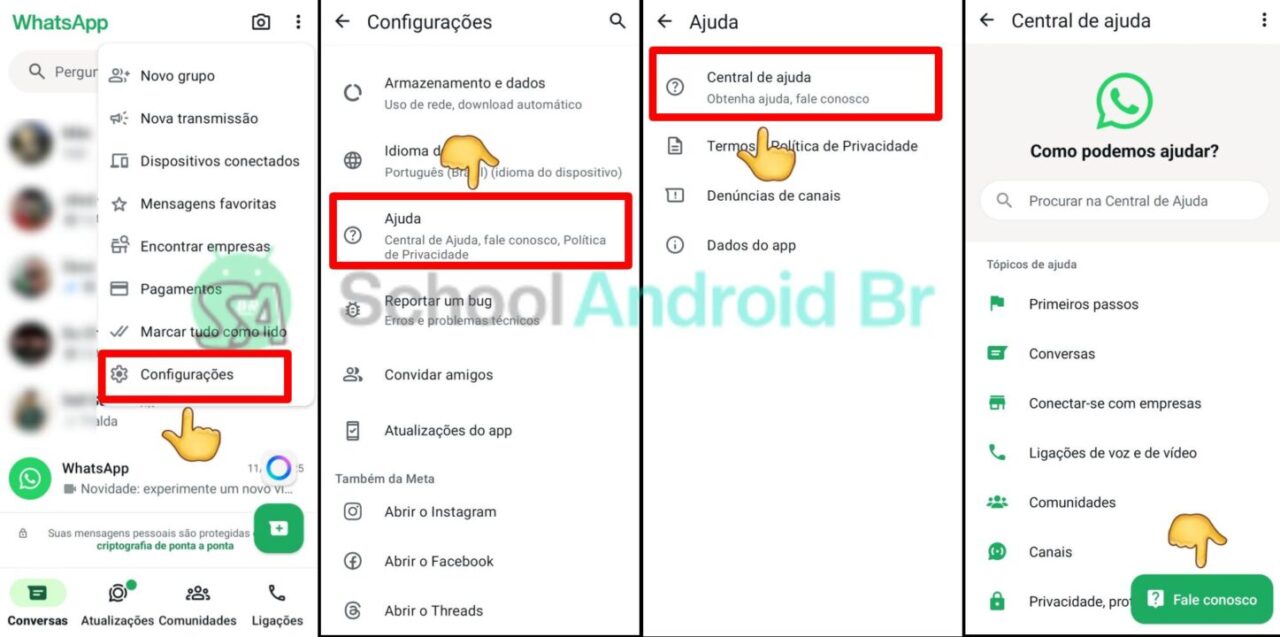 Não recebe o código do WhatsApp? Veja soluções - School Android Br Menu de configuração central de ajuda no WhatsApp pelo app - Imagem/Crédito: School Android Br