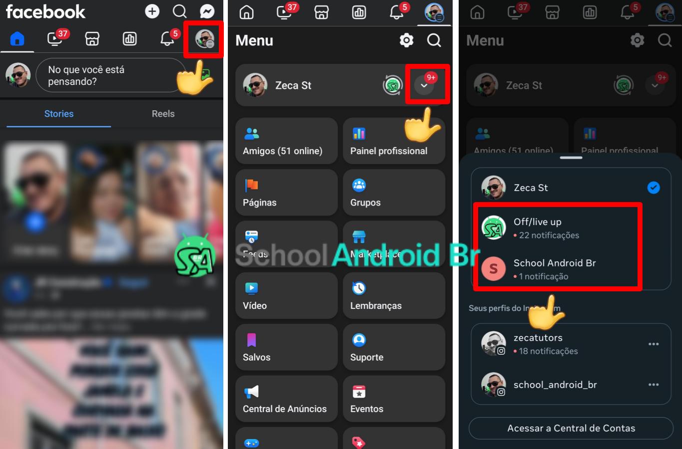 Como alterar o nome de uma página do facebook pelo celular: guia - School Android Br acesse o menu do Facebook e toque na página que deseja editar pelo celular foto reprodução_School Android Br