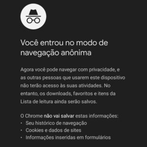 Aviso modo de navegação anônima 