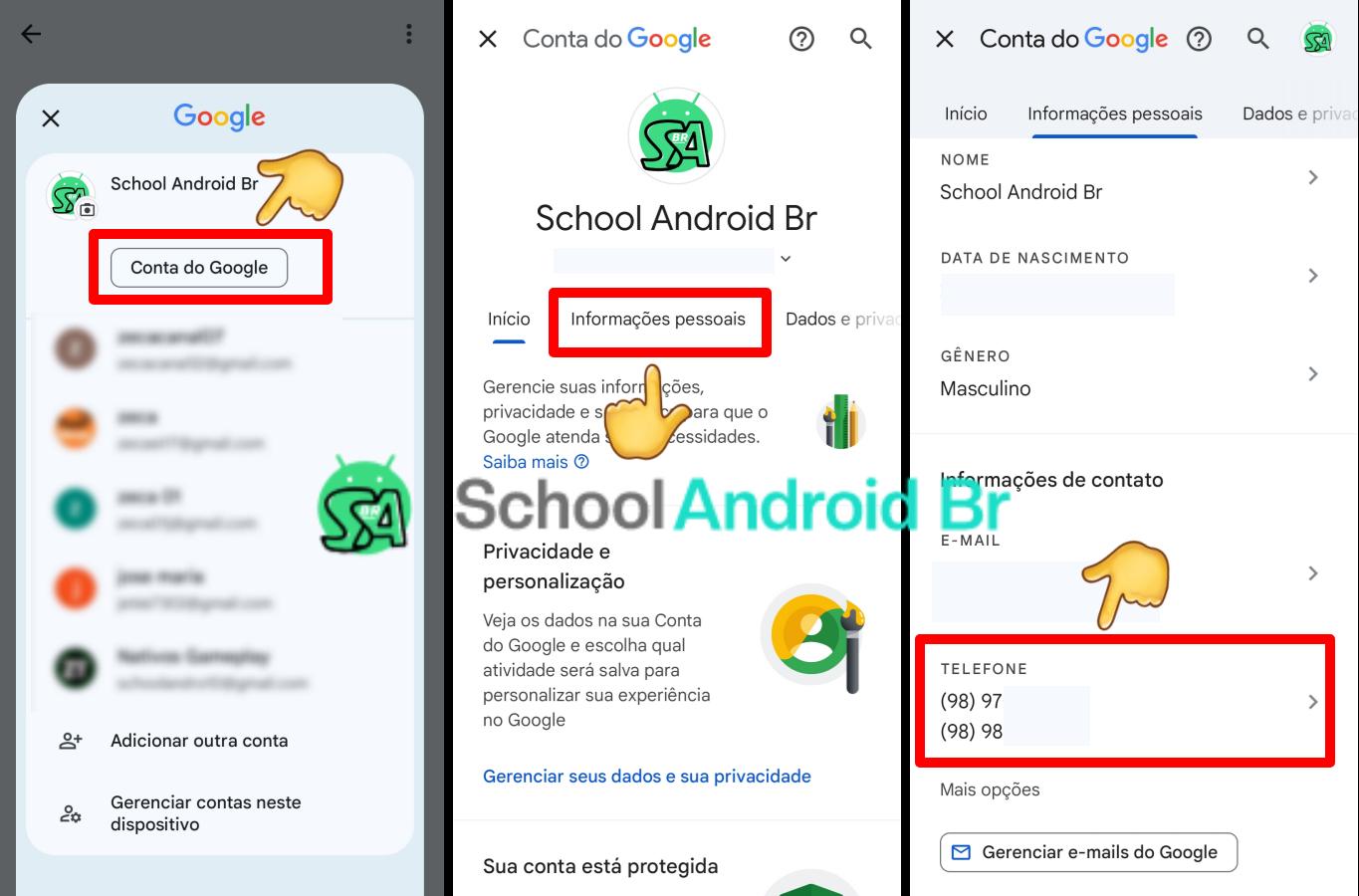 Como mudar número de telefone da conta Google celular ou PC - School Android Br acessando conta Google e informações pessoais