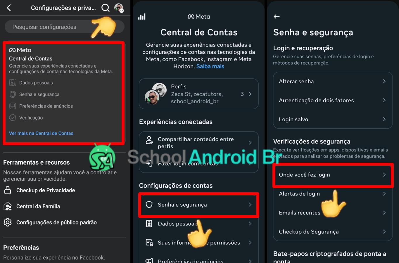 Como verificar se sua conta do Facebook foi hackeada e o que fazer - School Android Br menu de configuração e privacidade central de contas do Facebook