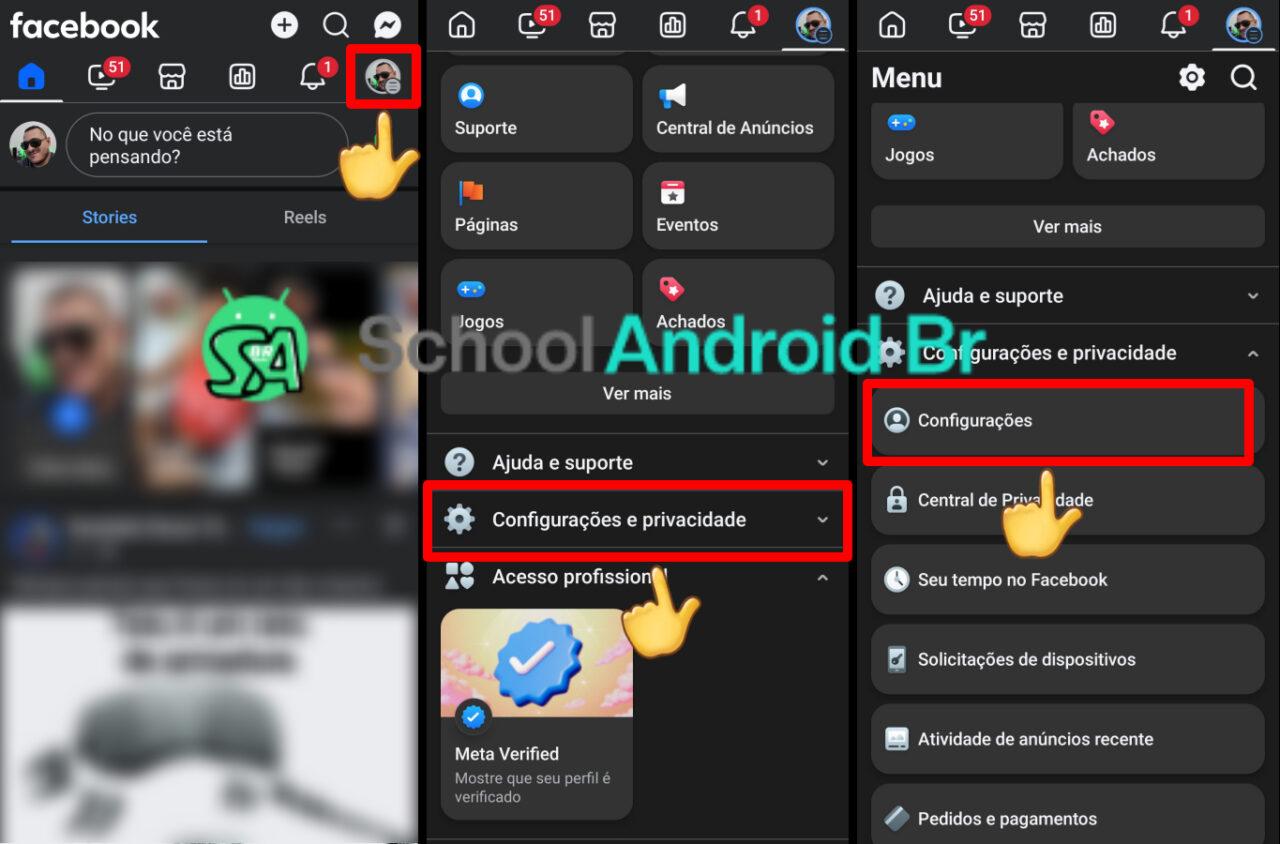 Como verificar se sua conta do Facebook foi hackeada e o que fazer - School Android Br menu de configuração e privacidade no Facebook
