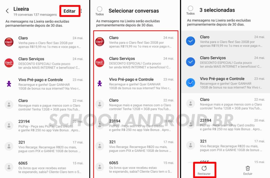 Acessar e recuperar mensagem excluídas em celulares Samsung