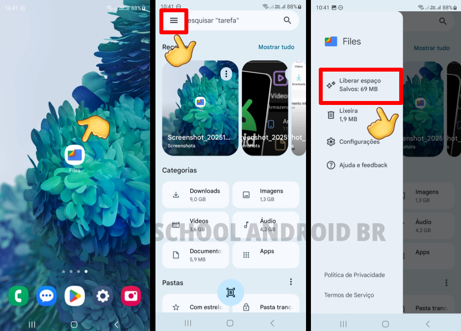 Aplicativo Files do Google aberto mostrando a função Liberar Espaço para limpar celular Android