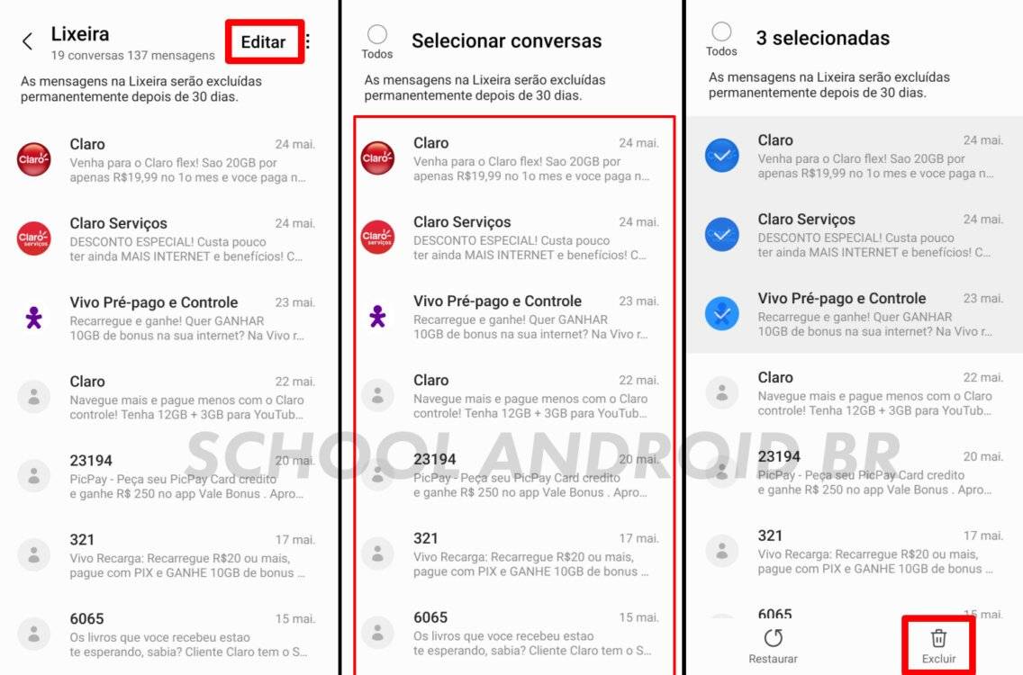 Excluir mensagens definitivamente em celulares Samsung