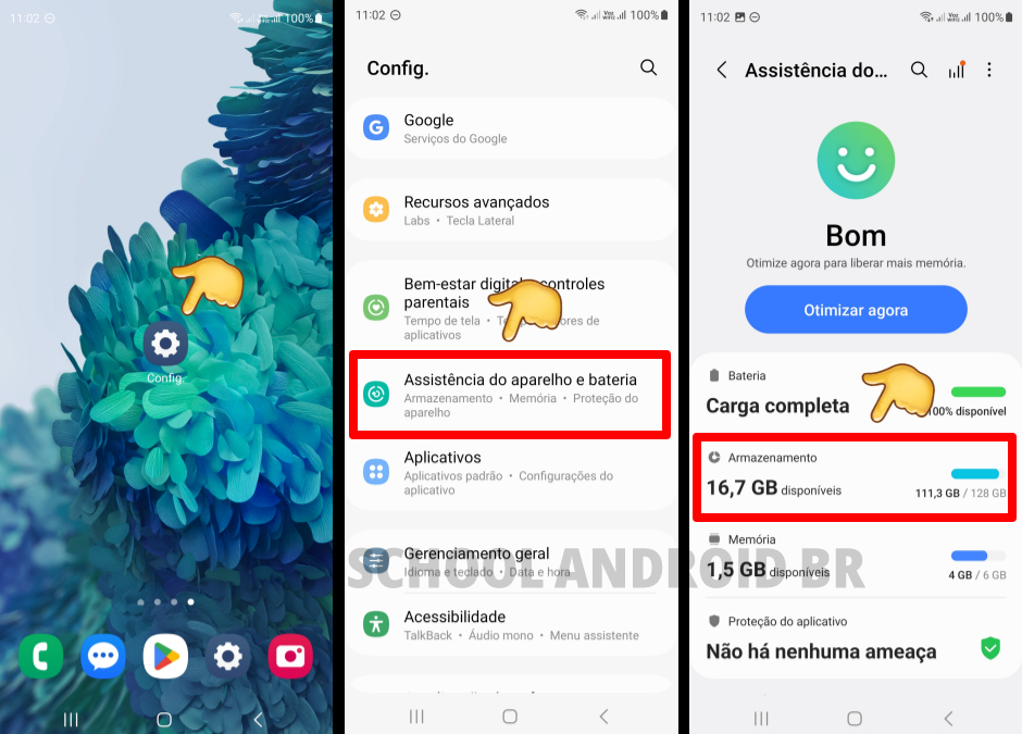 Tela de Configurações Samsung mostrando caminho para acessar Armazenamento via Assistência do aparelho