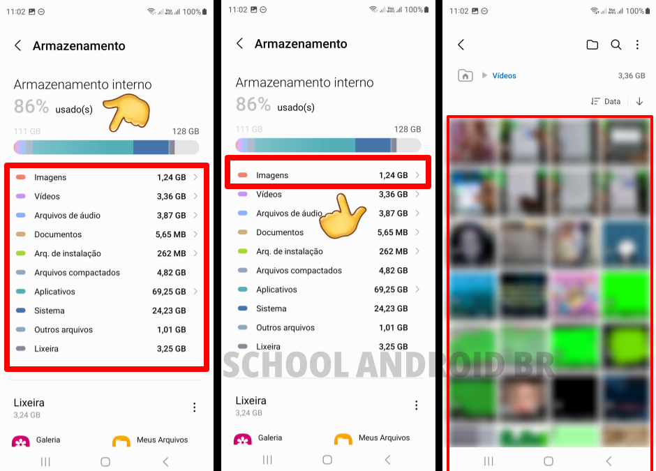 Tela de armazenamento Samsung mostrando todas as categorias de mídia e visualização de imagens