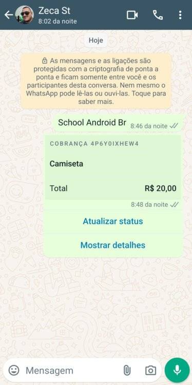 Pagamento pelo usuário final pix whatsapp business