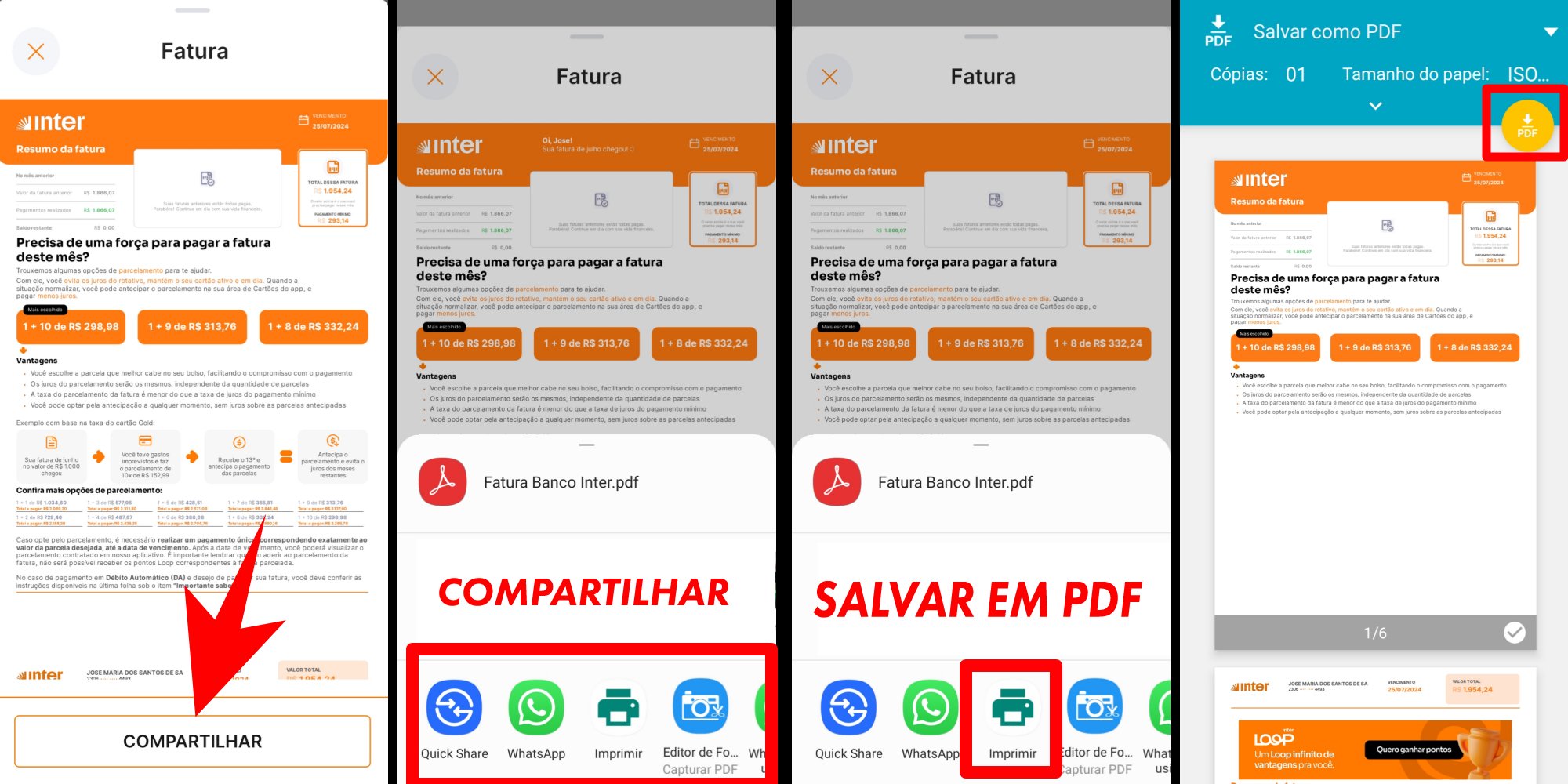 compartilhar fatura banco Inter ou salvar em PDF