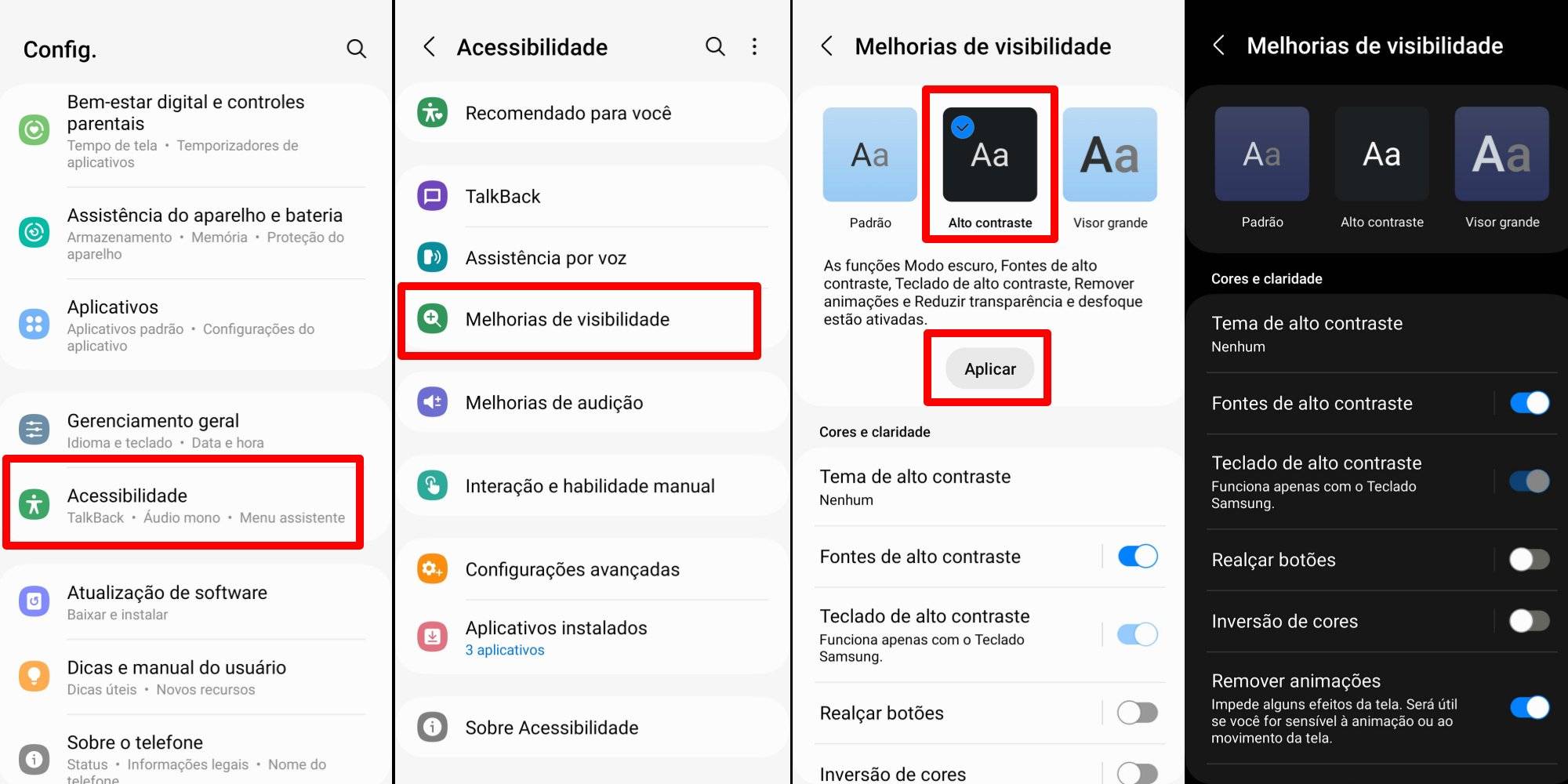 Habilitando o escurecimento extra nas configurações de acessibilidade