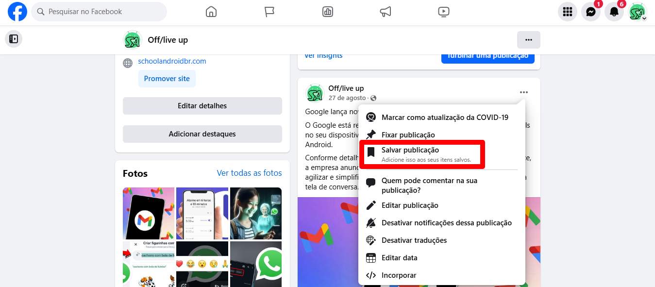 Recurso salvar publicações no Facebook