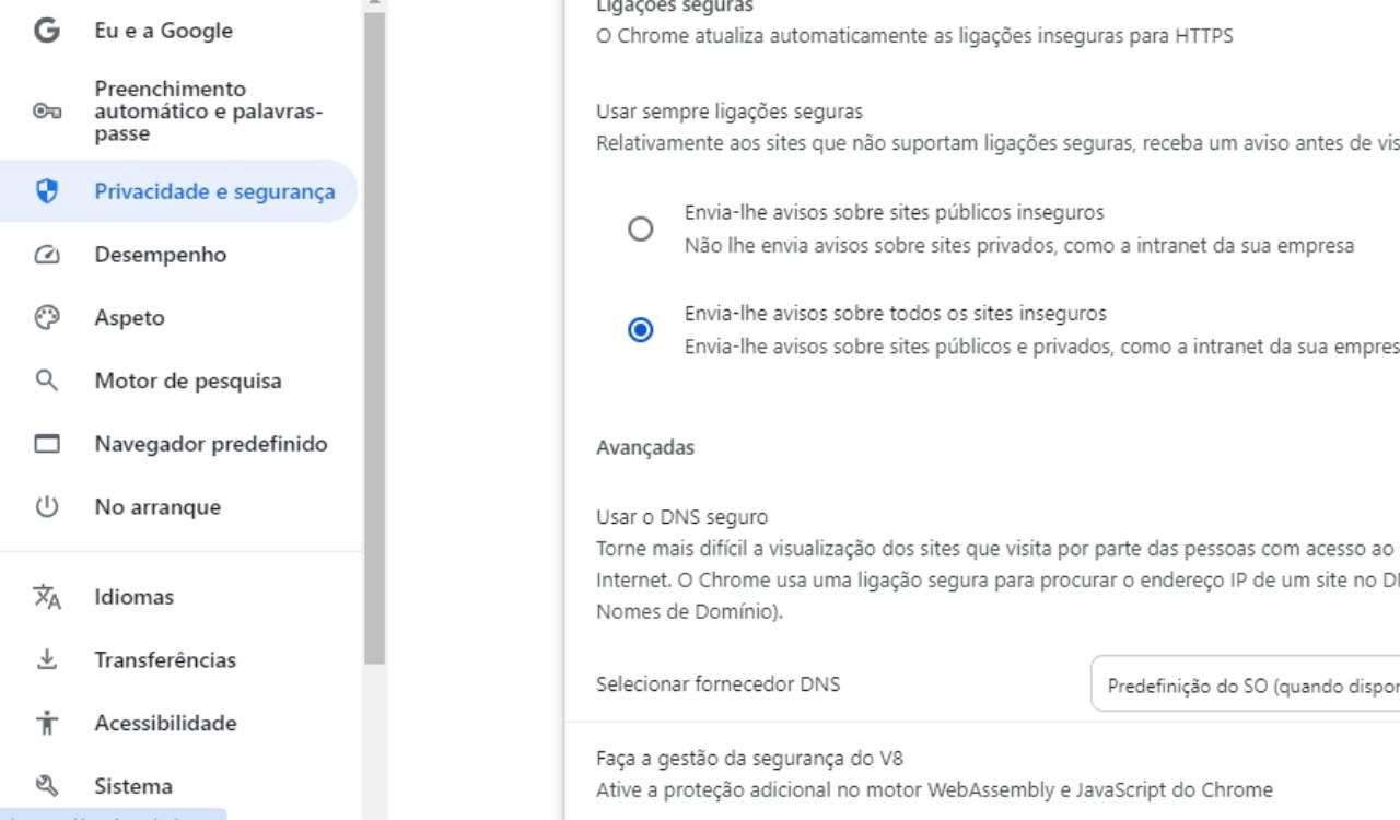 ativar usar sempre ligações seguras no Google Chrome