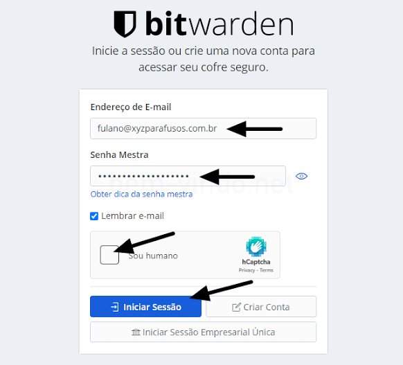 bitwarden opção dica de senha mestra