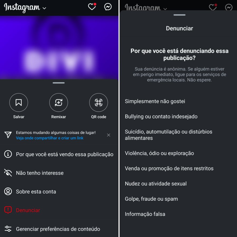 evitar golpes: escolha post para relatar no Instagram