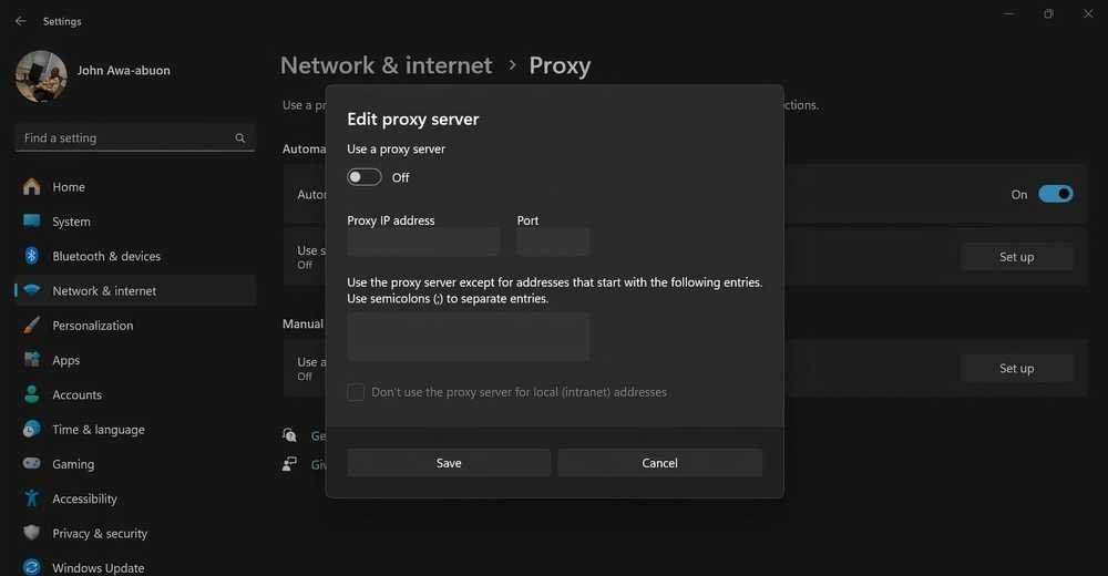 configurações de proxy do pc