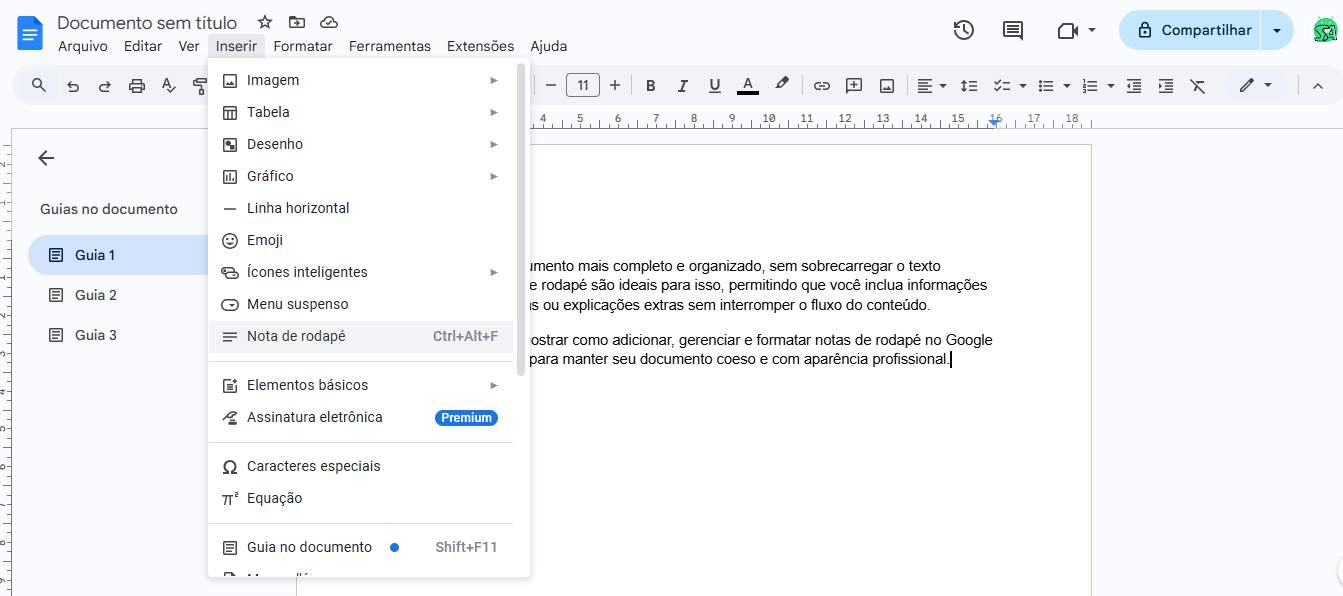 documentos Google inserir menu