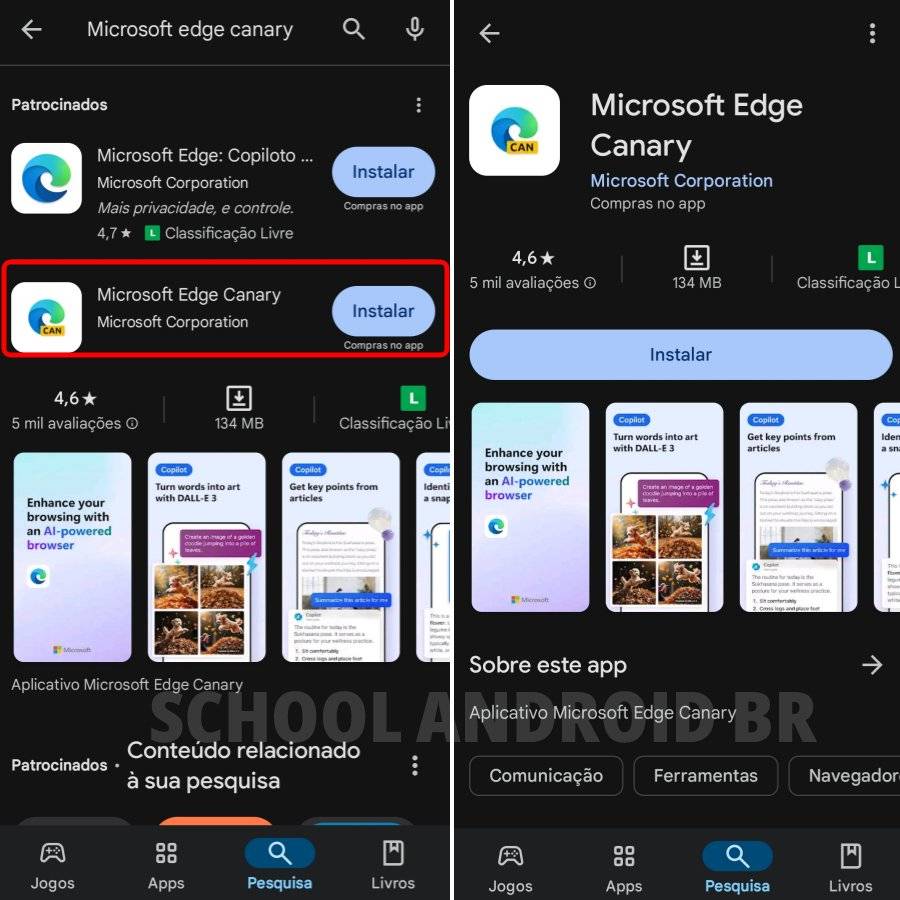 captura de tela Microsoft Edge Canary na play store