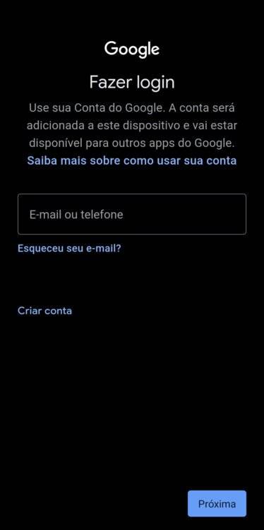 captura de tela da seção de login da conta Google