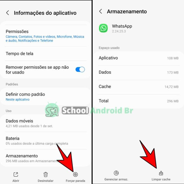 captura de tela forçar parada e limpar o cache do WhatsApp