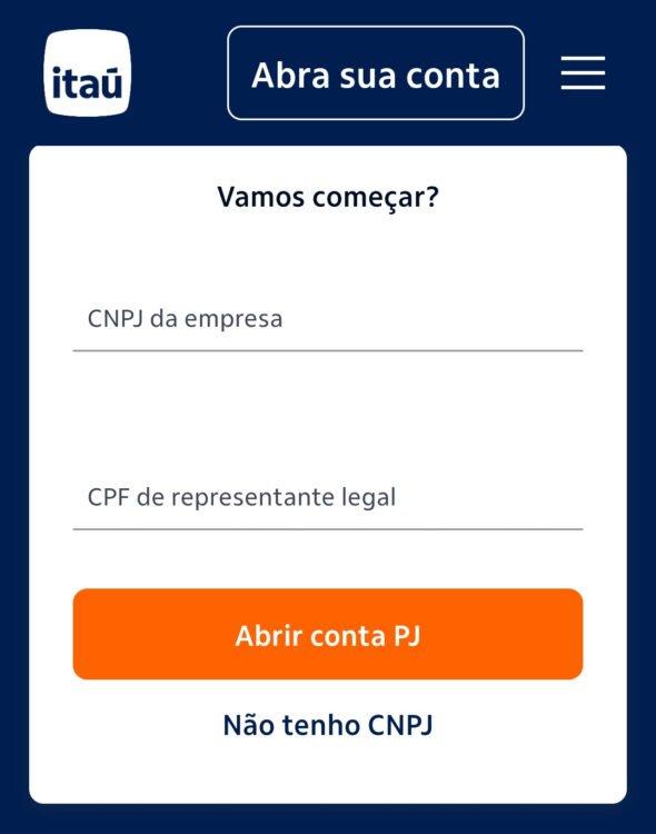 conta Itaú PJ tela de cadastro