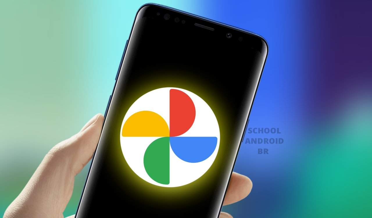 logotipo do Google fotos no smartphone com fundo luminoso