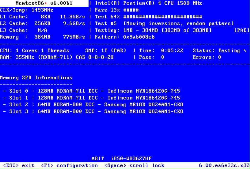 tela memtest86 mostrando teste em andamento